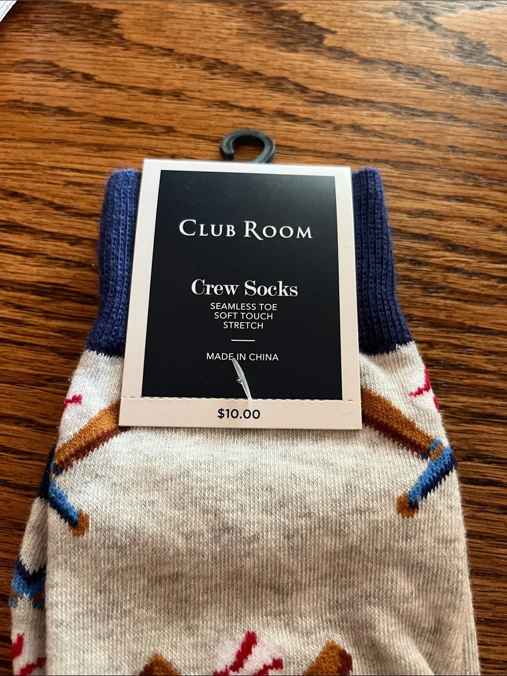 Club Room Gray Crew Socks with Navy Accents and Brown Bat Motif